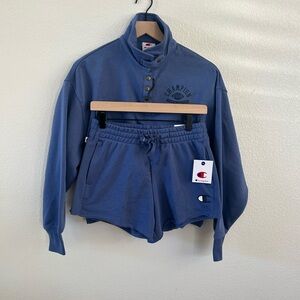 Champion Blue Button-Up Sweatshirt and Shorts